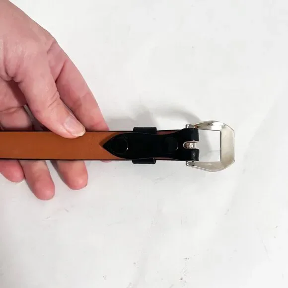 Genuine Shrunken Calf Leather Belt Women Size 32 Black Silver Slim Skinny - Picture 3 of 6